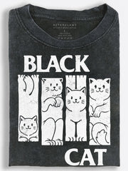 Cats Four-Panel Portraits Distressed Monochrome Cartoon Vintage Washed T-Shirt