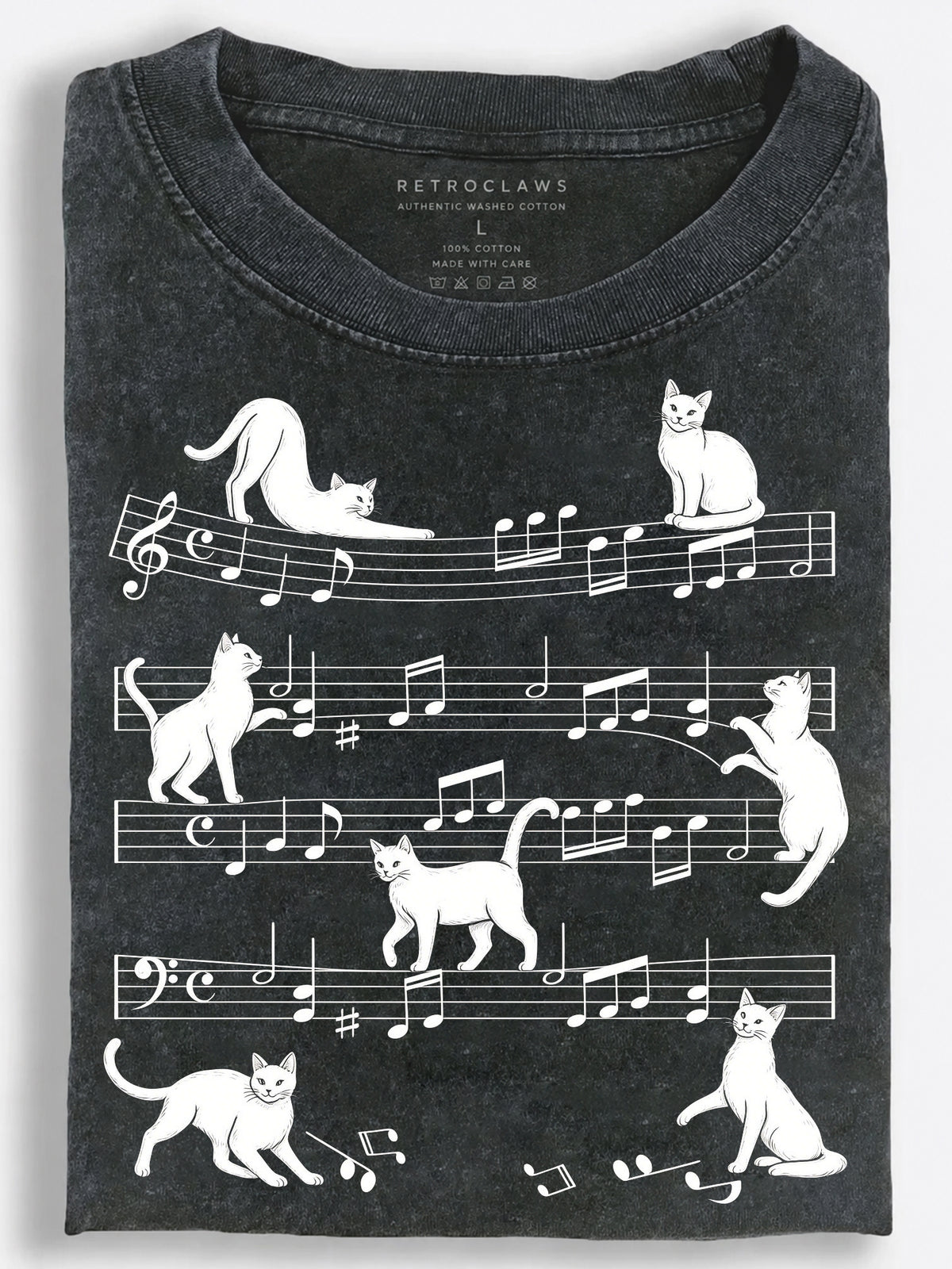Cats Strolling Across Sheet Music Elegant Line Art Vintage Washed T-Shirt