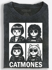 Cats Leather Jacket Punk Band Four-Panel Portraits Vintage Washed T-Shirt