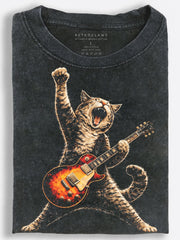 Tabby Cat Roaring with Raised Paw and Electric Guitar Realistic Rock Vintage Washed T-Shirt