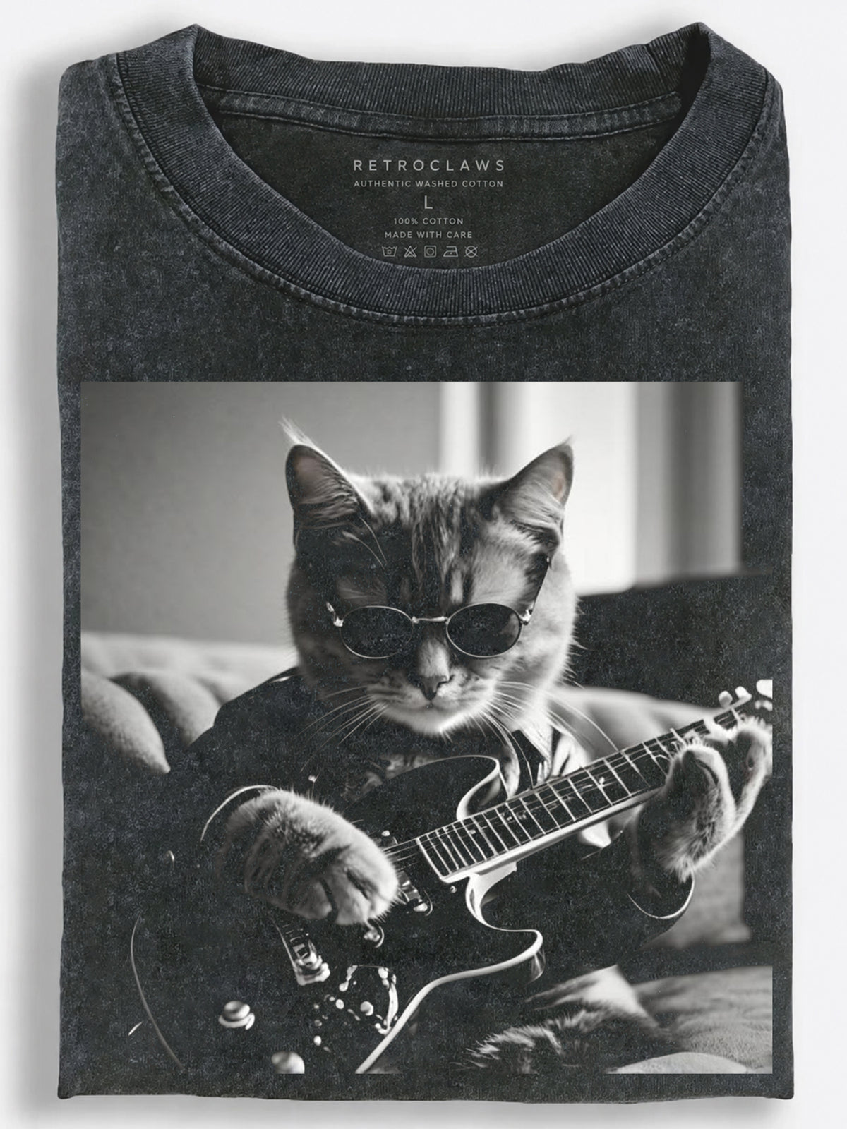 Cat Guitarist in Sunglasses Monochrome Photo Style Vintage Washed T-Shirt
