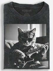 Cat Guitarist in Sunglasses Monochrome Photo Style Vintage Washed T-Shirt