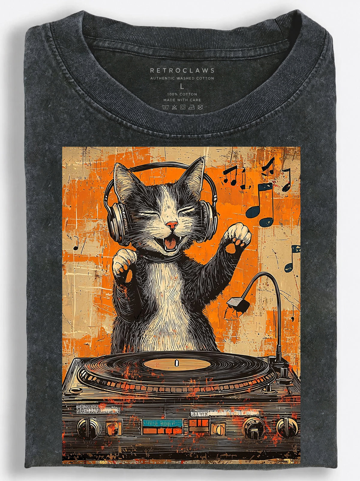 Cat DJ with Vinyl Turntable Orange Distressed Woodcut Vintage Washed T-Shirt
