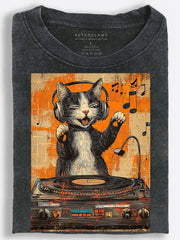 Cat DJ with Vinyl Turntable Orange Distressed Woodcut Vintage Washed T-Shirt