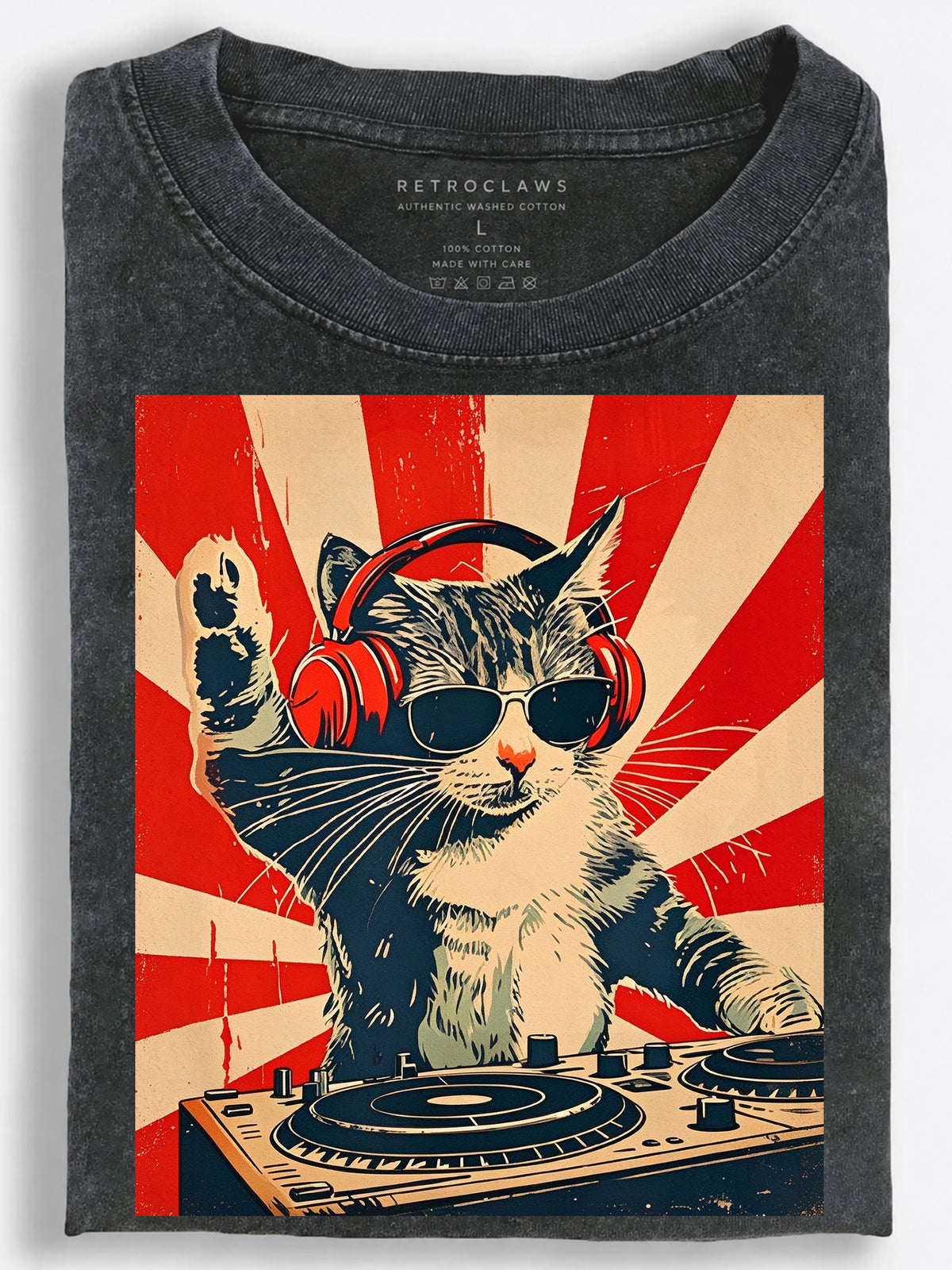 Cat DJ with Sunglasses and Raised Paw Red Sunburst Poster Vintage Washed T-Shirt