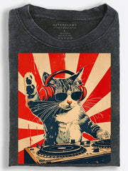 Cat DJ with Sunglasses and Raised Paw Red Sunburst Poster Vintage Washed T-Shirt