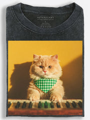 Orange Cat Keyboardist with Green Gingham Bandana Warm Film Style Vintage Washed T-Shirt