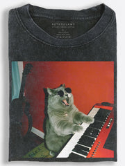 Gray Cat in Sunglasses Singing at Keyboard Playful Film Style Vintage Washed T-Shirt
