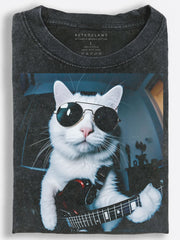 White Cat Electric Guitarist in Sunglasses Blue-Toned Photo Style Vintage Washed T-Shirt