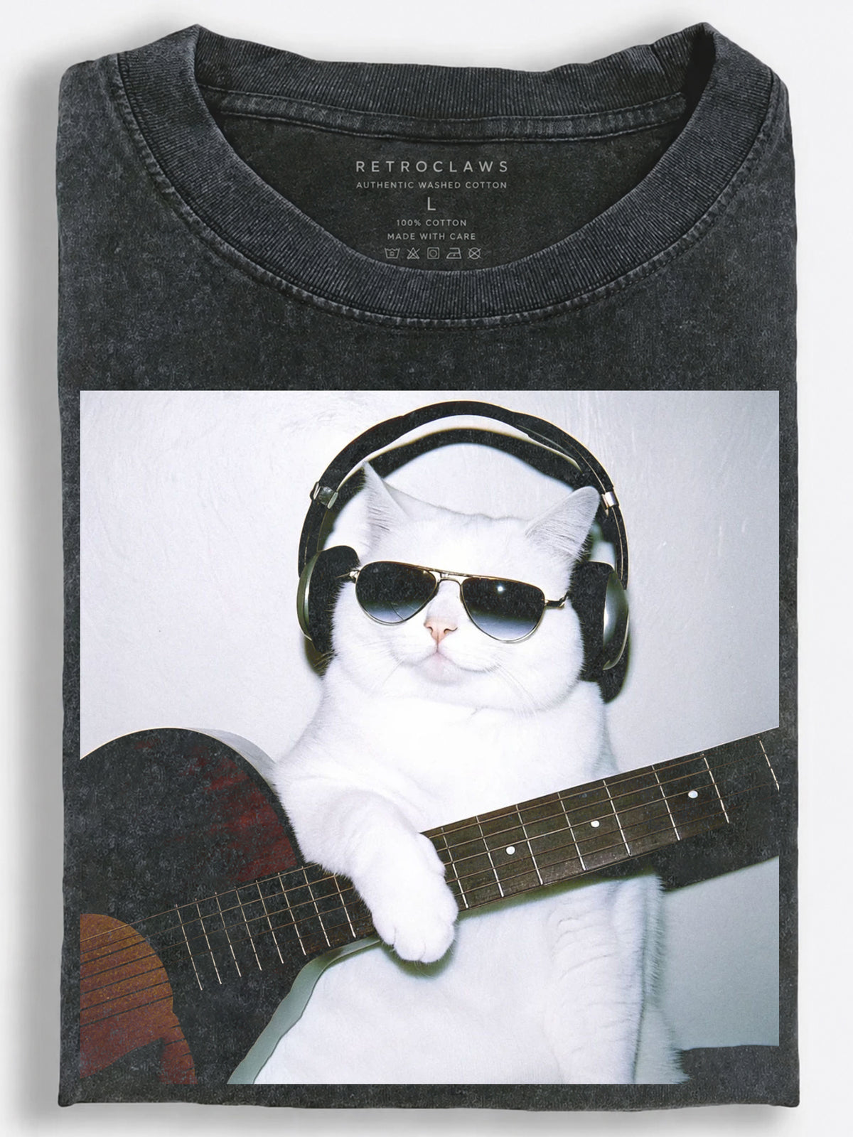 White Cat Acoustic Guitarist with Headphones and Sunglasses Retro Photo Style Vintage Washed T-Shirt