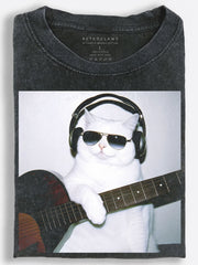 White Cat Acoustic Guitarist with Headphones and Sunglasses Retro Photo Style Vintage Washed T-Shirt