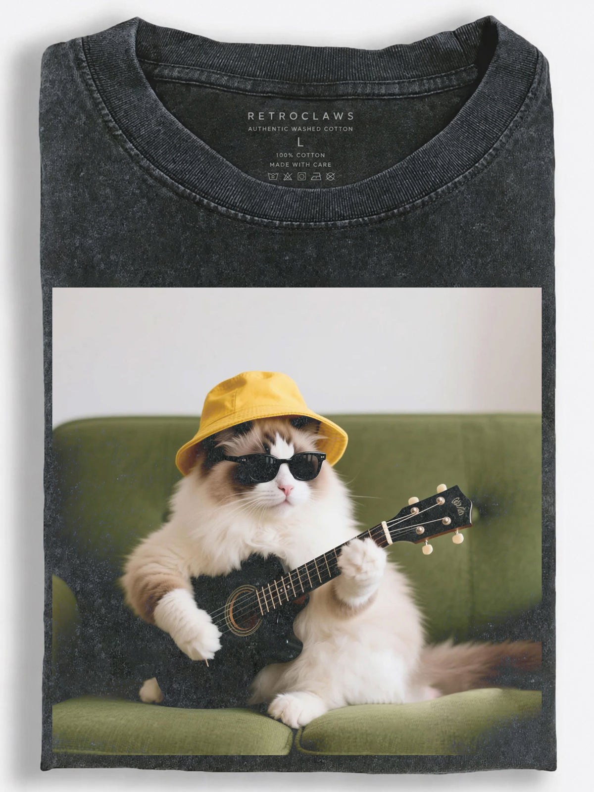 Cat Ukulele Player in Yellow Bucket Hat Casual Photo Style Vintage Washed T-Shirt