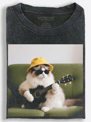 Cat Ukulele Player in Yellow Bucket Hat Casual Photo Style Vintage Washed T-Shirt