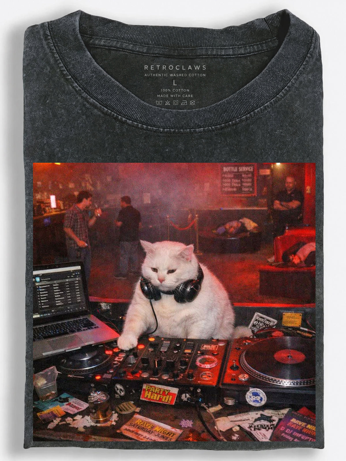 White Cat DJ at Nightclub Red-Toned Film Style Vintage Washed T-Shirt