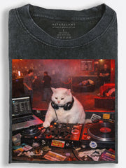 White Cat DJ at Nightclub Red-Toned Film Style Vintage Washed T-Shirt