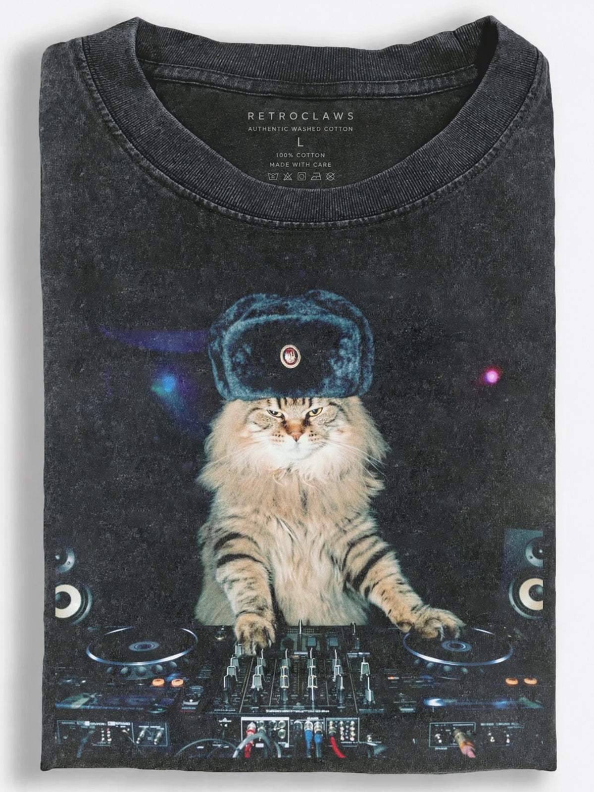 Tabby Cat DJ in Furry Winter Hat Blue-Toned Photo Style Vintage Washed T-Shirt