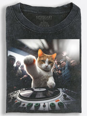 Orange and White Cat DJ with Raised Paw Wide-Angle Party Photo Style Vintage Washed T-Shirt