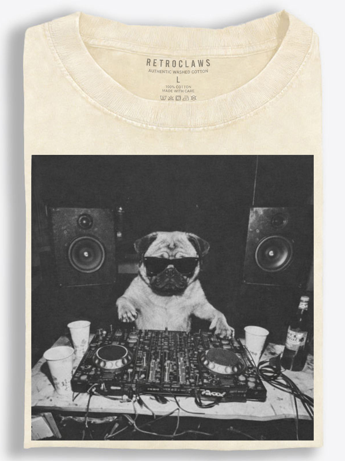 Pug DJ in Sunglasses Monochrome Retro Photo Style Vintage Washed T-Shirt