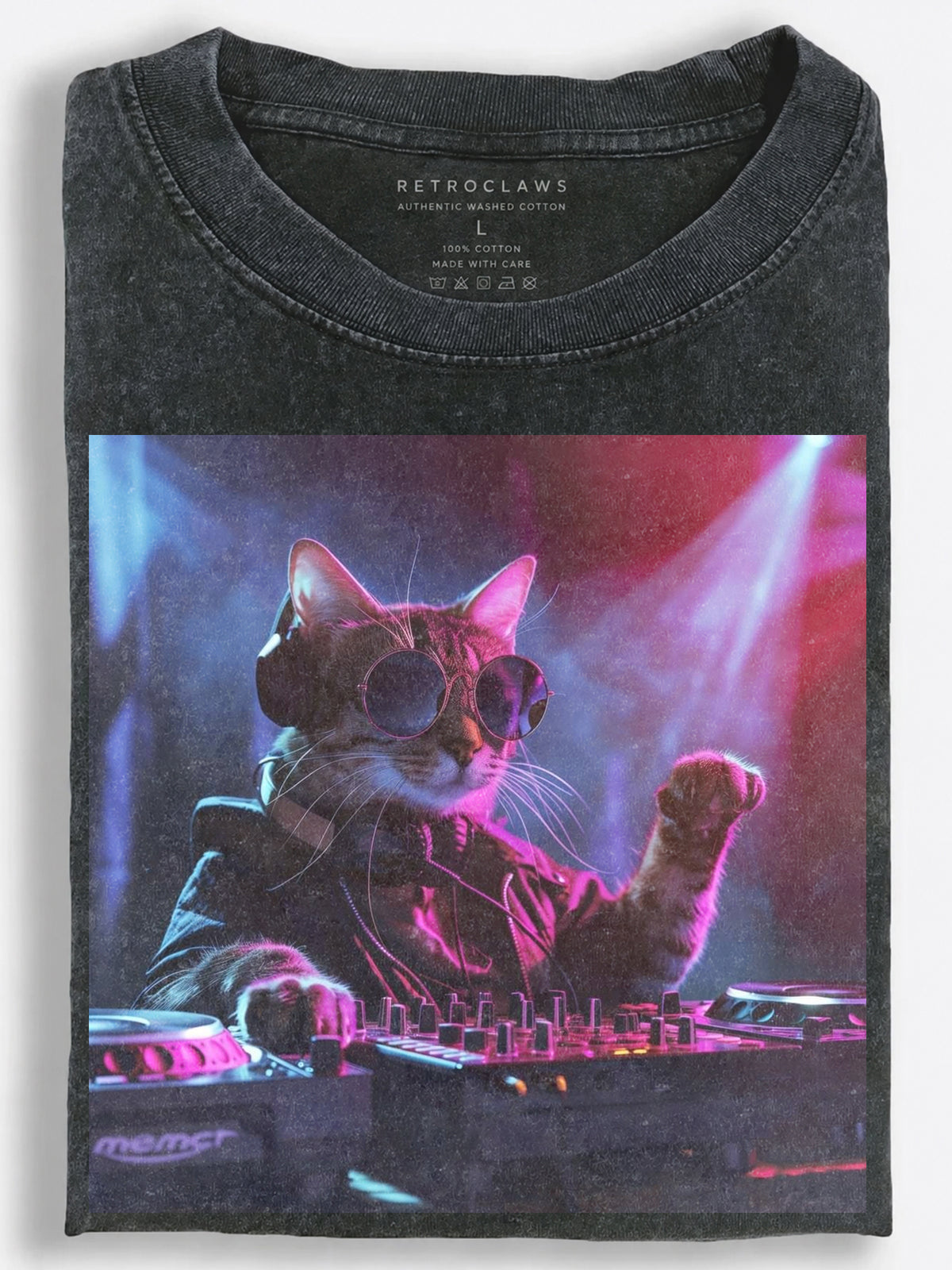 Cat DJ in Leather Jacket and Sunglasses Neon Stage Photo Style Vintage Washed T-Shirt