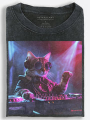 Cat DJ in Leather Jacket and Sunglasses Neon Stage Photo Style Vintage Washed T-Shirt